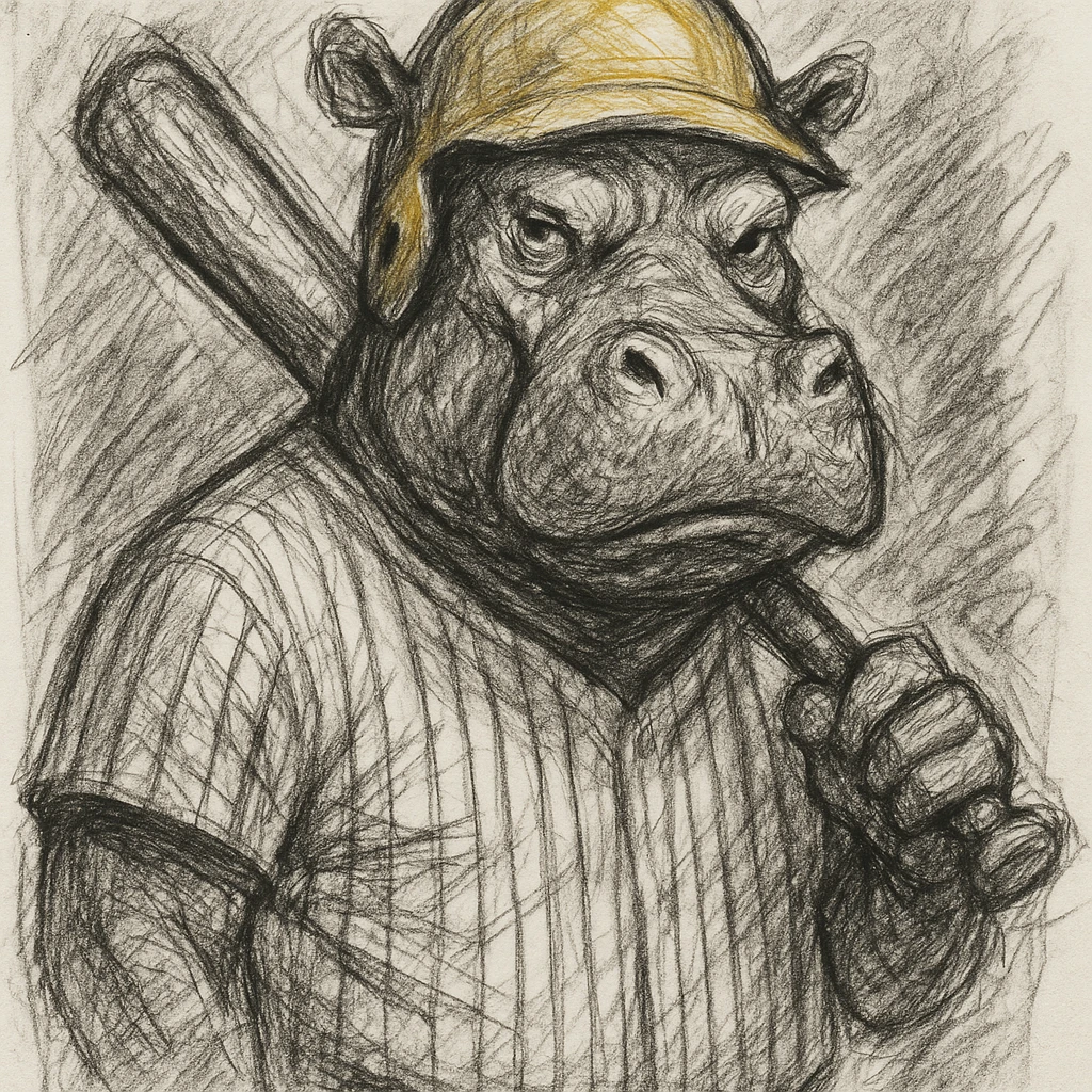 hippo holding a baseball bat, wearing a yellow helmet, pinstripes outfit emoji