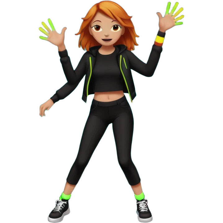 Ginger girl dancing at a rave. Full body, wearing dark colours emoji