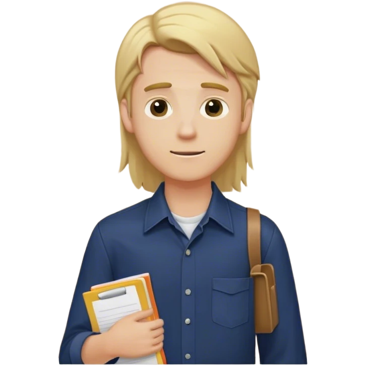 Guy with long straight blonde hair behind head and navy button up holding a school packet emoji