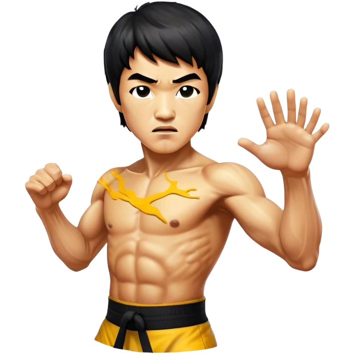 Cinematic Realistic Bruce Lee Portrait Emoji, depicted as a dynamic martial arts icon with an intense gaze and athletic physique caught in a fluid motion, rendered with vivid textures and energetic lighting that embodies his legendary prowess. emoji