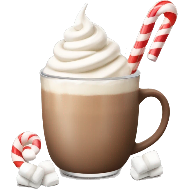 beige hot chocolate with marshmallows and whipped cream and candy cane emoji