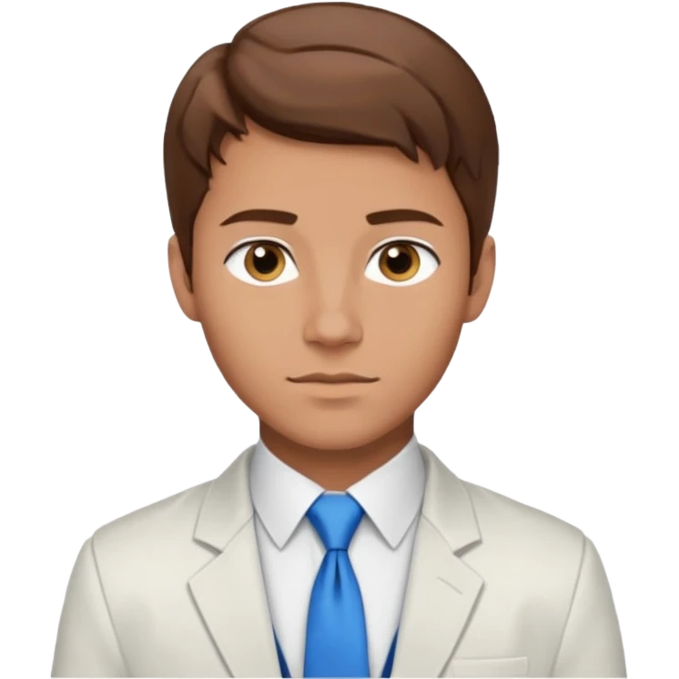 un homme type caucasien brun plutot jeune avec des jolies traits avec une chemise blanche et une veste a manche longues et cravate bleu il a les yeux marron emoji