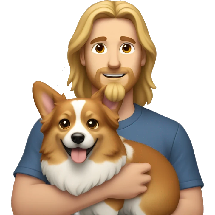 man with long hair with corgi in his arms emoji