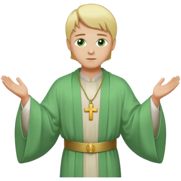 a priest, green eyes, blonde hair, light green wide, flowing outer robe. opening arms, gazing thoughtfully. Soft light, subtle fern. Waist-up, profile. emoji