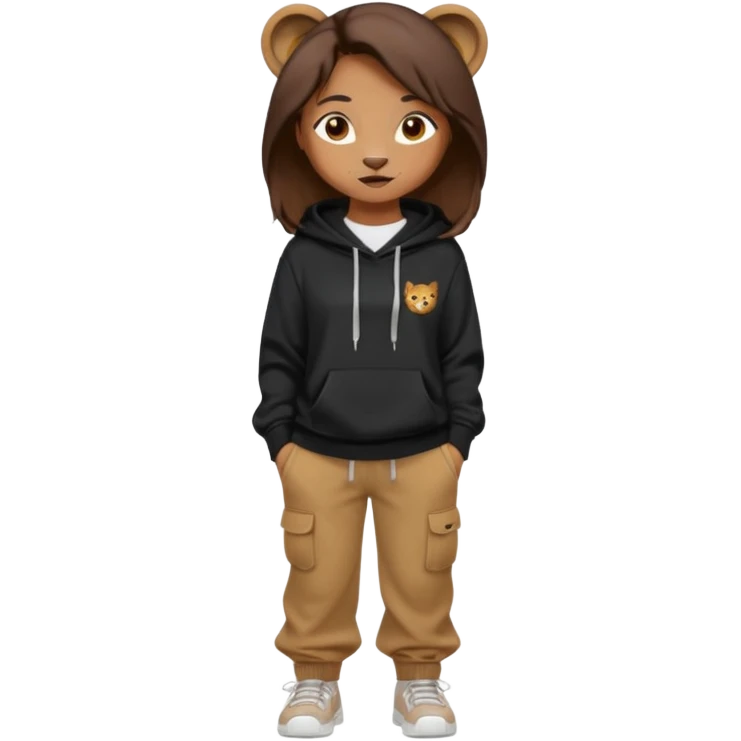 León tierno que sea mujer con pantalones guangos  y una sudadera negra con cabello suelto color castaño obscuro emoji