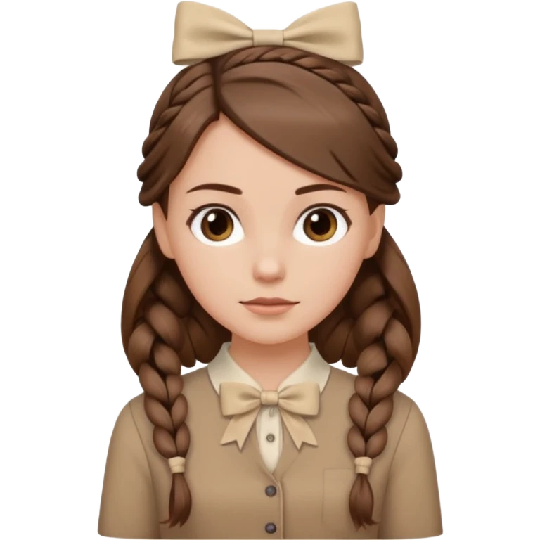 white girl with brown hair, side braid with beige bow at the end, brown blouse emoji