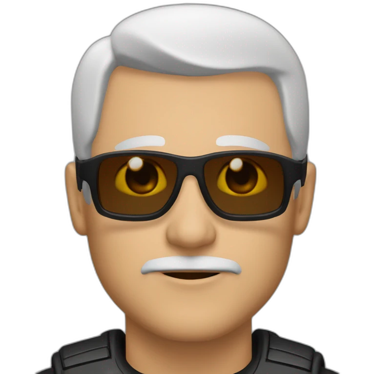 56 year old white man, balled, brown eyes, black motorcycle suit, sunglasses on forehead emoji