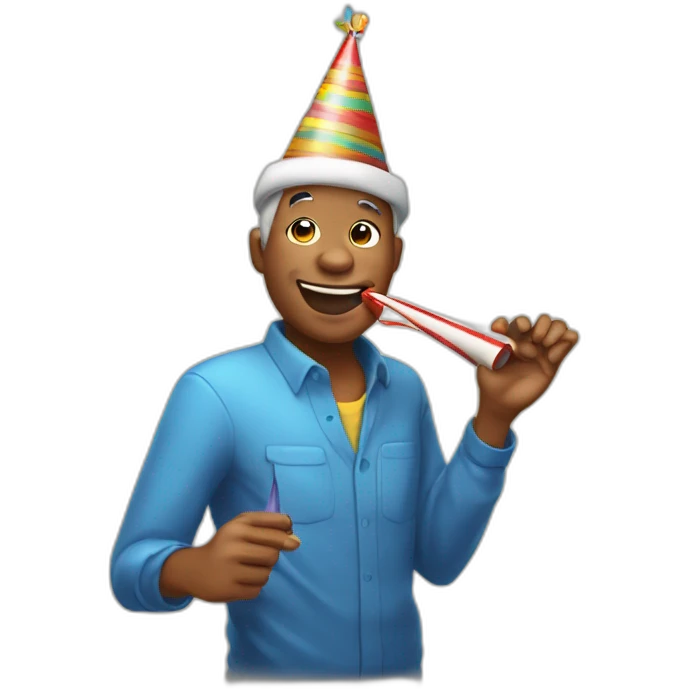 Create an emoji featuring a person joyfully wearing a birthday hat and enthusiastically blowing a birthday whistle, capturing the festive spirit of celebration emoji