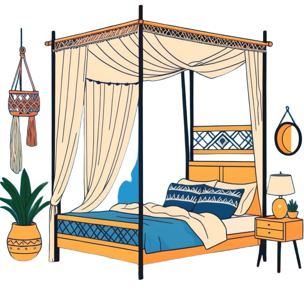 cozy boho bedroom with canopy bed, macramé wall hangings, and warm lighting emoji