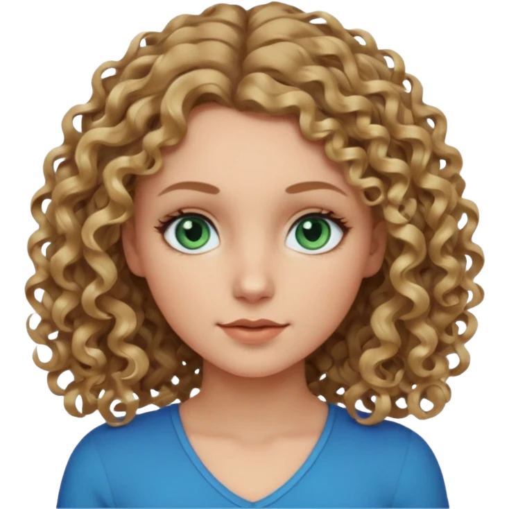 white girl, dark blonde shoulder length curly hair, blue-green eyes, looking to the side emoji