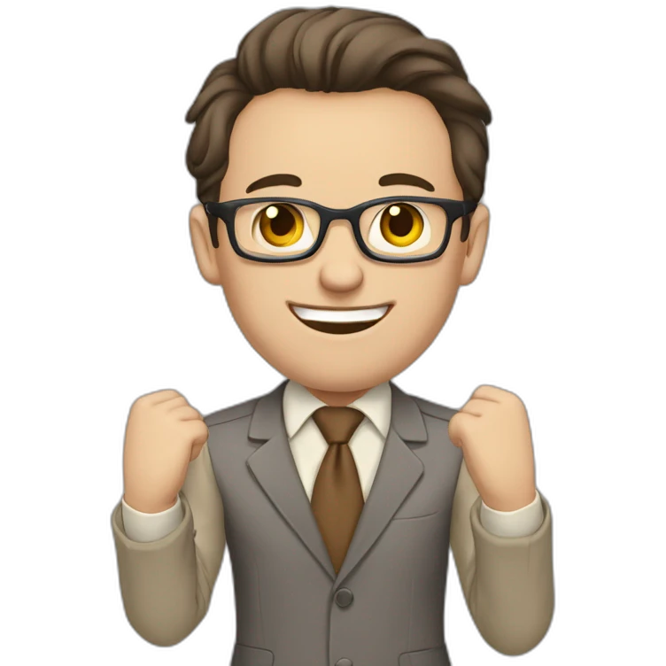 To belt Actively gesturing with hands Pale skinned fit man with dark brown hair in gray jacket, beige office shirt, brown tie, brown pants and vintage glasses. emoji
