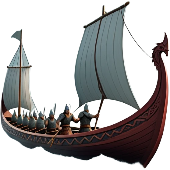 detailed-cinematic-viking-longboat, rendered in a flat, bold vector style with minimal shading, featuring a striking dragon-headed prow slicing through waters. shields on the side and vikings rowing The longboat’s, the boat has carved motifs evoke a sense of epic adventure and Nordic might, with billowing sails catching a dramatic, stormy sky backdrop. emoji