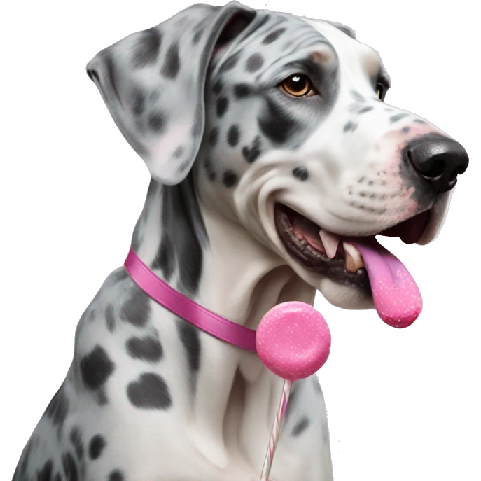 Blue Merle Great Dane eating pink lollipop emoji