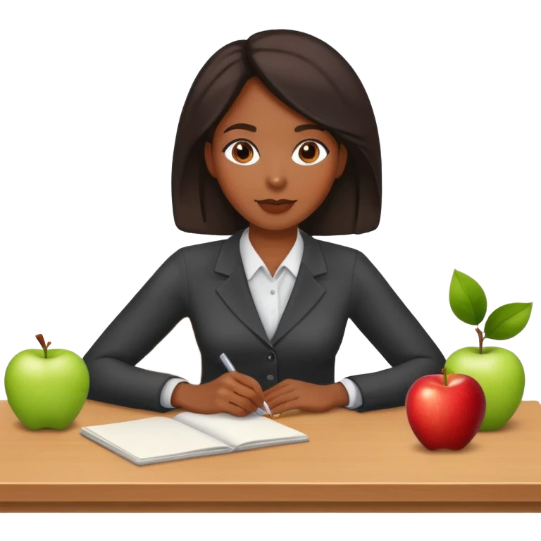 Black female teacher sitting at desk with apple emoji