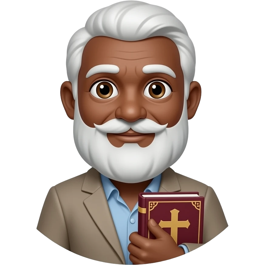 wise old man with greying white hair slight smile brown eyes white beard black skin with burgundy book that has a cross on it no circle emoji