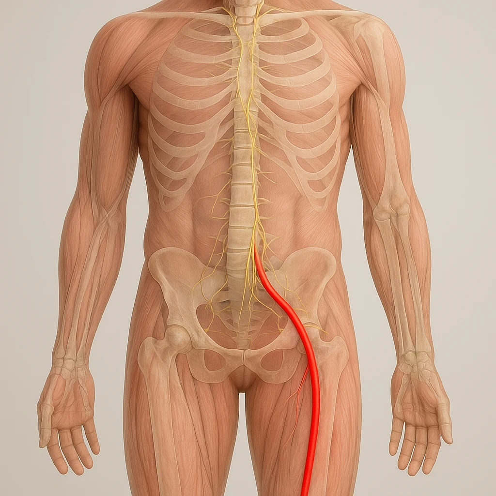 Hyperrealistic anatomical view of sciatica: human body seen frontally, path of the sciatic nerve highlighted in red through the body, muscles and bones transparent, neutral background, 4K quality. emoji