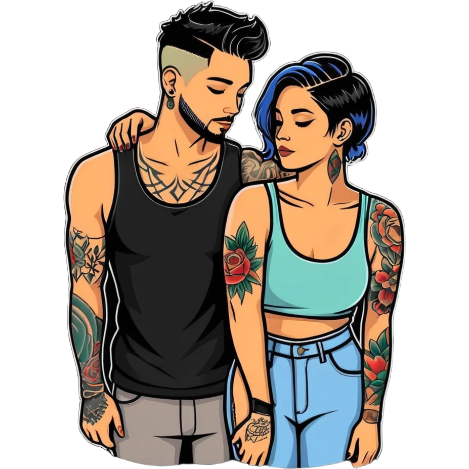 intimate moment between lovers, JetSetFly , photo Realistic Couple with tattoos , Tefi Valenzuela emoji
