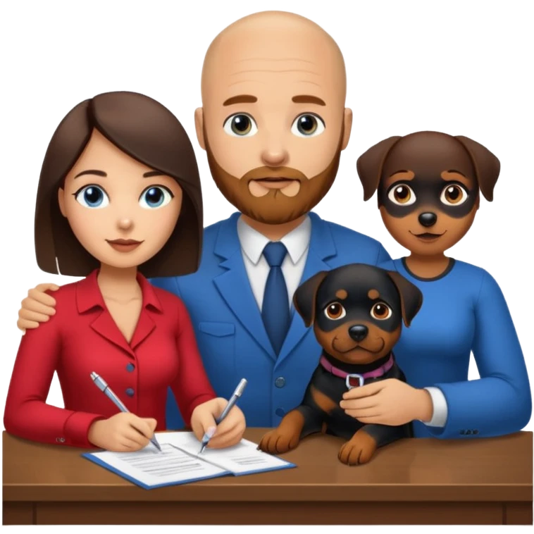 Bald man with beard and sexy brunette girl with blue eyes and their rottweiler dog sign new mortgage agreement  emoji