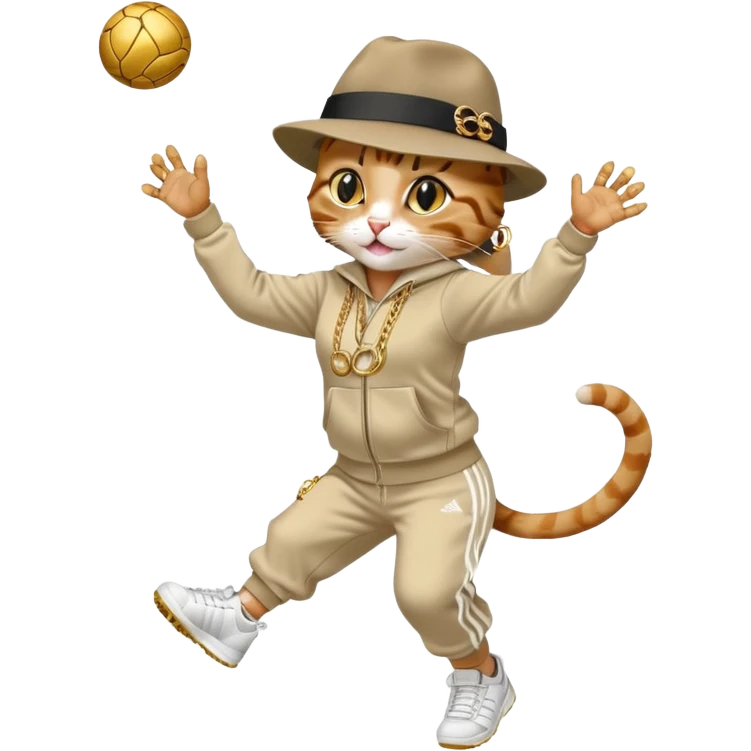female cat dressed like Run DMC in tracksuit, fedora, Adidas shoes, lots of gold chains, rings, bracelets, earrings, catching a ball high in the air, no sunglasses emoji