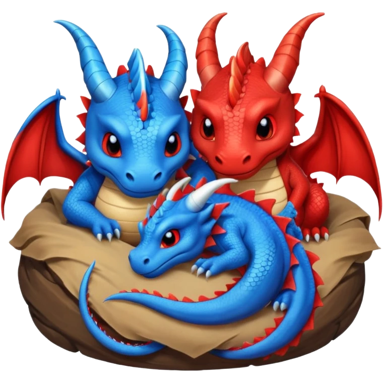un couple de dragons rouge et bleue trop mignons endormis dans leur tanière. emoji