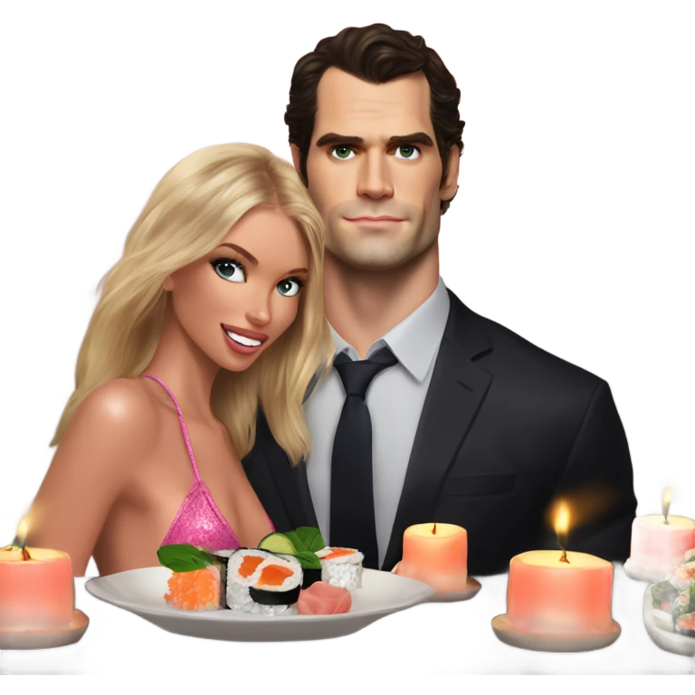 realistic photo of Henry Cavill with a beautiful  victoria secret model on a candle lit sushi date emoji