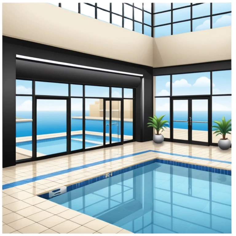 Hotel indoor Pool with entrance door and gym next to it  emoji