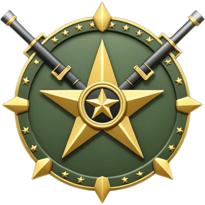 Insignia militar realista para videojuegos de guerra (estilo Delta Force), forma de escudo metálico con bordes desgastados. Incluye:

Símbolo: [fusiles cruzados / águila / estrellas / espada] Insignia redonda con fusil cruzado y una estrella, metal rayado, verde oliva y negro. emoji