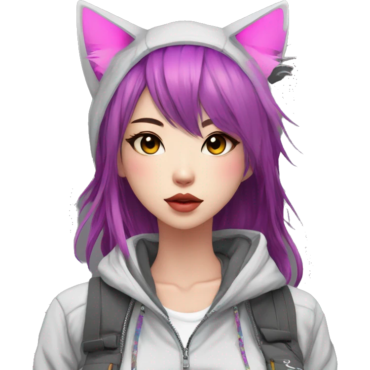 Edgy cool shy colorful Asian urban beautiful pretty anime punk tomboy-lady with cat ears techwear cargo pants hoodie collar  emoji
