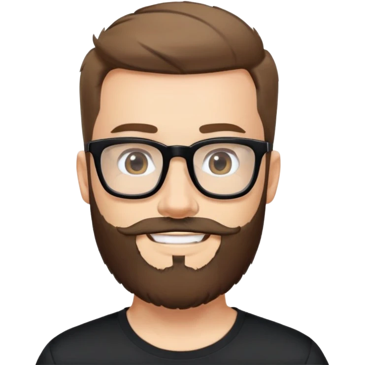 Fair-skinned man with full beard, short hair styled upward, large black-framed glasses, smiling, wearing black athletic fabric shirt emoji