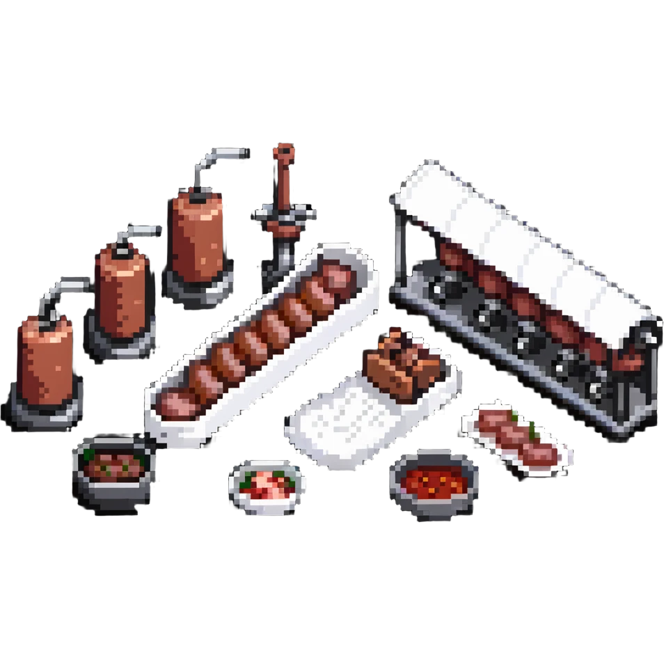 sausage factory with meat grinders and production emoji