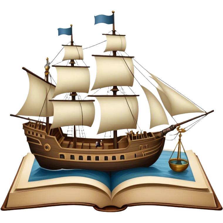 Icon for Reading Fiction: a large open book with pages turning into a sailing ship, with musketeers on horseback, and Sherlock Holmes with a magnifying glass standing nearby. The icon should evoke the adventure and romance of exploring fictional worlds. Transparent background. emoji