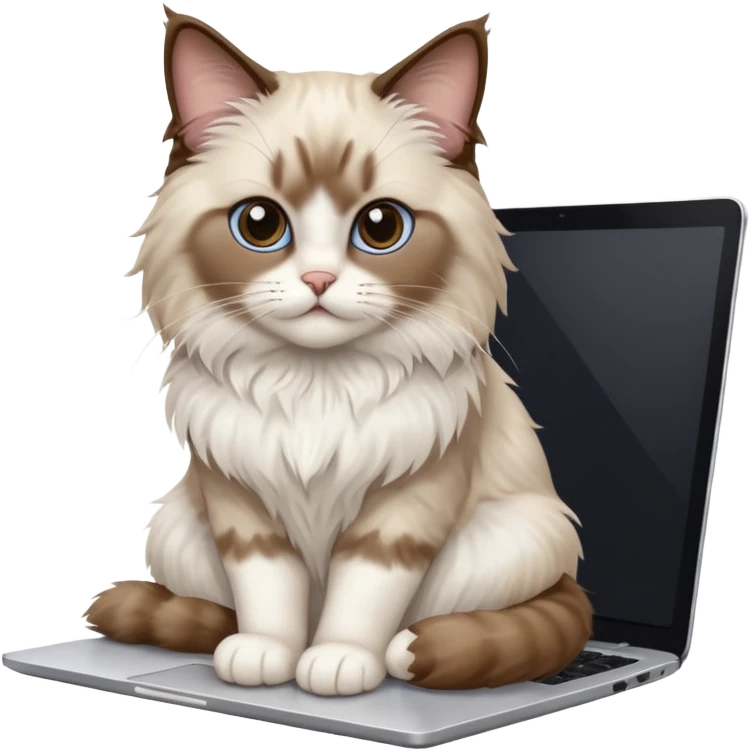 Cute ragdoll cat on a laptop. Should sit on top of the laptop, cat is way bigger than the laptop. Could walk on the laptop or sit. I liked the first one but remove the blue on the cat emoji
