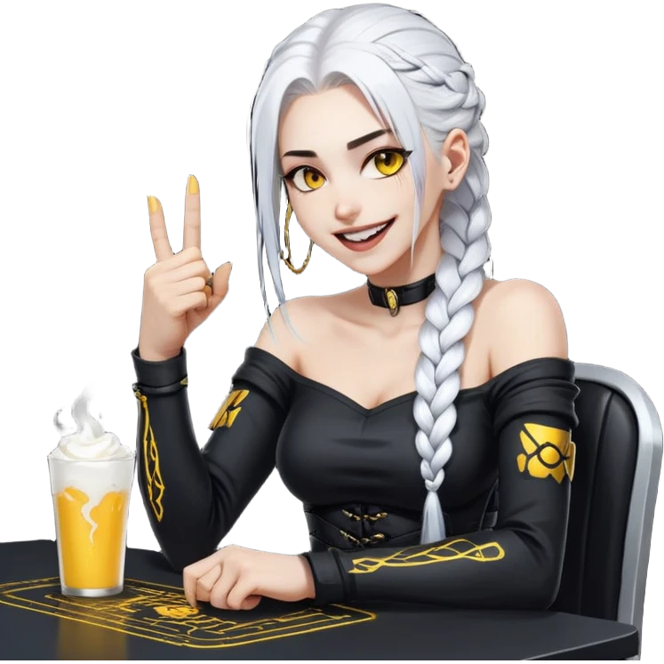 she is laughing the hardest and pounding her fist on the table, a closeup portrait of young woman with gold yellow eyes, white hair, long braid, black off-shoulder top, punk gothic style, futuristic cyberwave cyberpunk, sitting position
 emoji