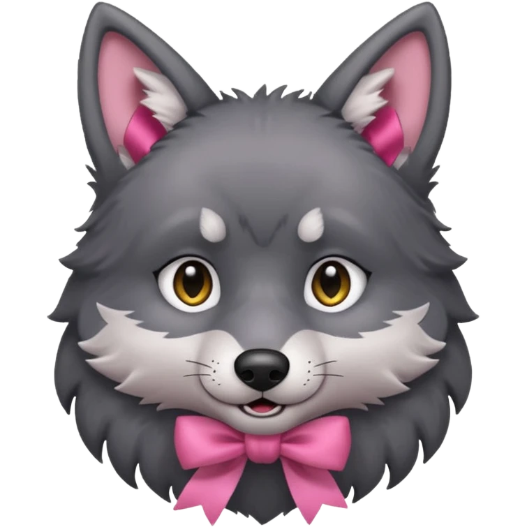 Pleading Face cute dark grey wolf with a pink ribbon io his ear emoji