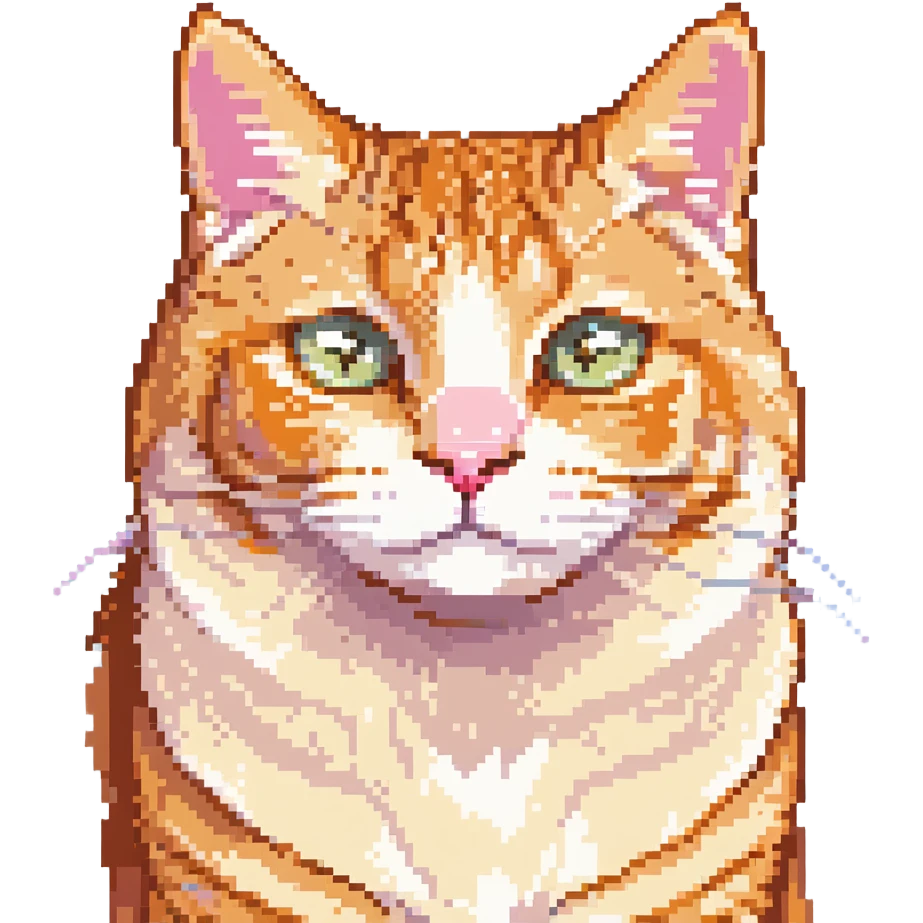 retro pixel art of a cheese-colored tabby cat face, orange and cream fur, big round eyes, pink nose, little smile, front view emoji