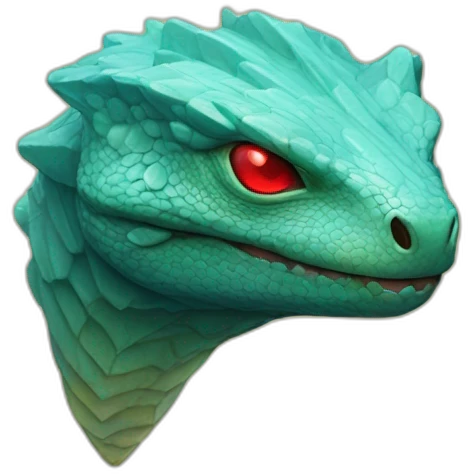 Aquamarine colour Reptilian with red lasers from the eyes in black suite on the golden coin emoji