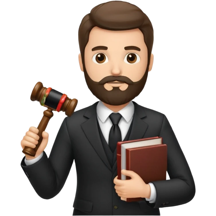 Create a male lawyer. he is wearing a fromal suit jckeret. He is holding a gavel in one hand and a book tucked under his another arm. He has beard. And the hair is kinda darker but not black emoji