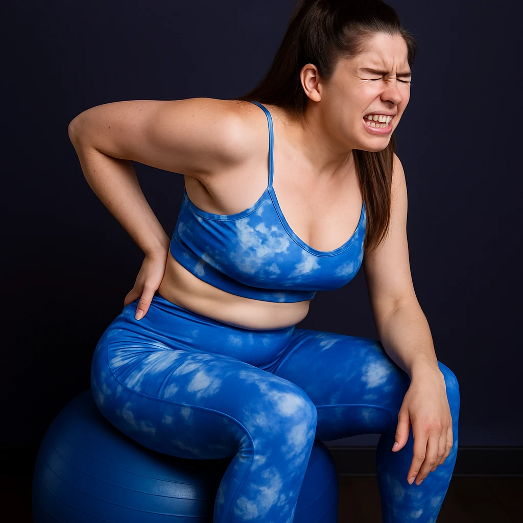 Realistic woman in 4K inspired by the reference photo, sitting on an exercise ball, trying to stretch the back but stopping due to pain, contracted face. emoji