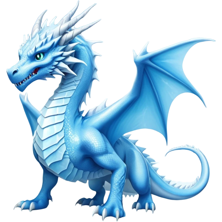Cinematic Noble wise elegant Ice Dragon full body  Emoji, Poised and imposing, distinct long elegant snout, with a slender, scaled body shimmering in glacial hues of icy blue, frostbitten silver, and crystalline white, breathing out frost, with piercing, glowing ice blue white eyes that radiate the chilling depths of an arctic storm; rendered in detail. excuding wisdom emoji
