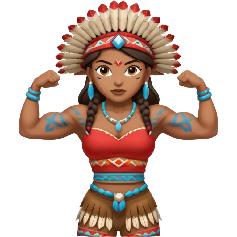 native american brown skin sexy girl, flexing muscles, full body, muscled, with traditional outfit and hat emoji