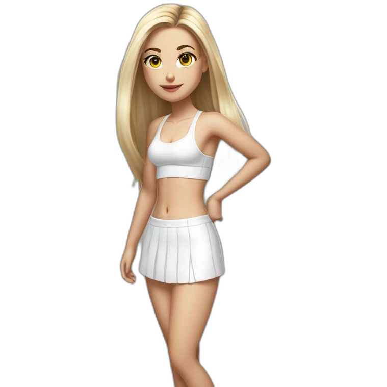 hyperrealist caucasian long straight hair blonde brown eyes white bikini top gray tight mini skirt black sneakers full body emoji