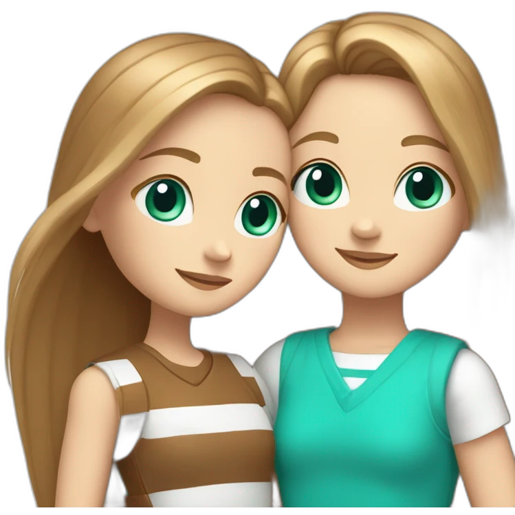 One white girl with long straight light brown hair and turquoise eyes hug girl with a brown square and white stripes near the ears emoji