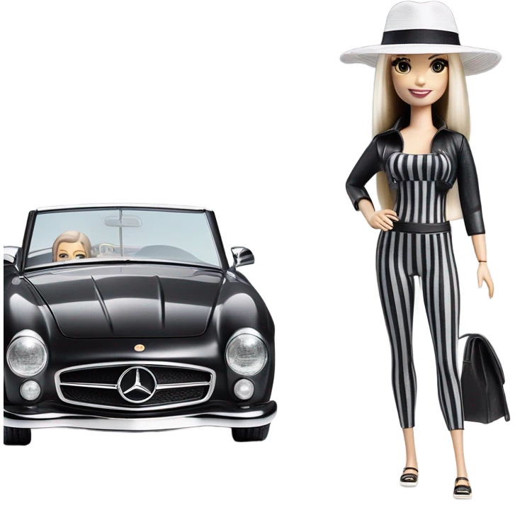 Beach Beauty Barbie, 1965 Wednesday Addams from academy, in dark-gray and black striped outfit with hat. Smiling Driving Mercedes convertible sports car. Pale-white porcelain skin.  emoji