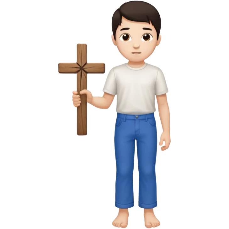 Niño con tes blanca cabello oscuro camisa blanca pantalón azul cruz pequeña de madera en la mano y que este sin zapatos  emoji