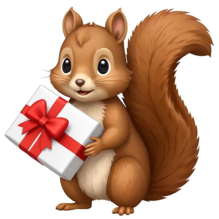 squirrel holding a wrapped gift and a Swiss flag, both objects easy to see, simple white background emoji