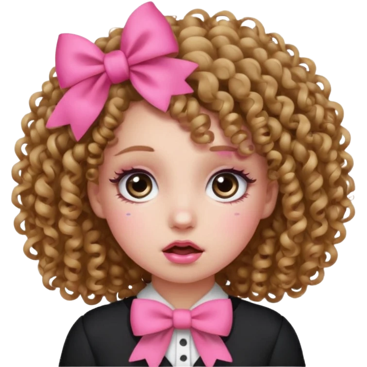 Curly hair girl, Pleading Face emoji, using pink bow emoji