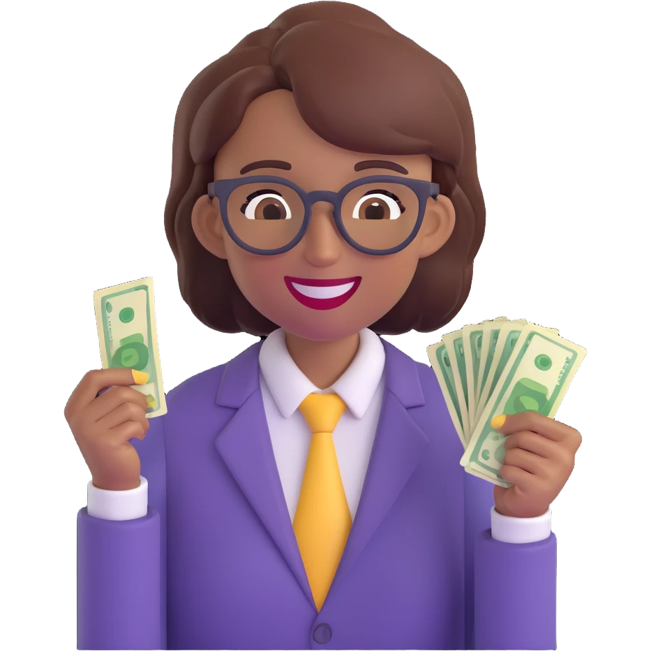 cheerful nerdy agender emoji, androgynous, with glasses and a big smile, holding money in one hand emoji