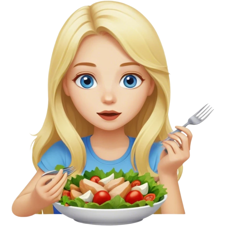 blonde girl with long hair and blue eyes eats salad and eats chicken emoji