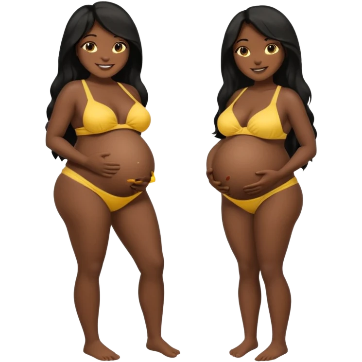 Dark black skin, african black Woman with huge pregnant belly, long hair, yellow bikini, bare midriff, full body, side view, smiling. emoji
