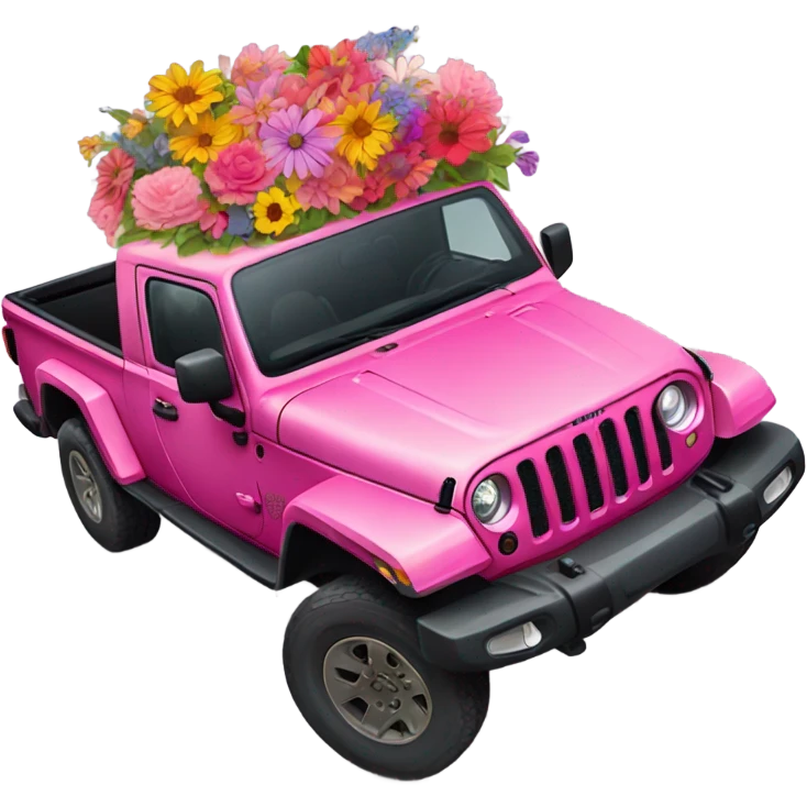 Realistic pink Jeep Gladiator with the truck bed full of flowers. emoji